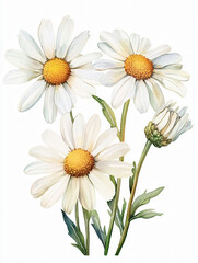 Vibrant Botanical Illustration of Daisy Flowers with Lush Greenery for Nature Art and Home Decor