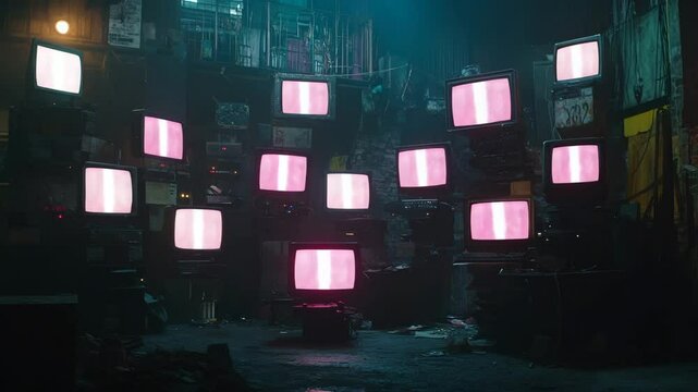 Retro TVs with Pink Static in Dark Room - Powered by Adobe