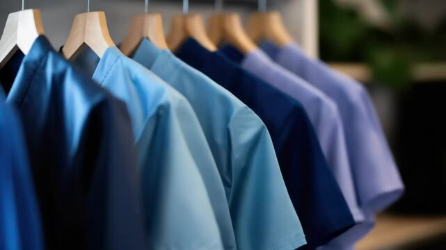A rack with multiple scrubs outfits hung up, ideal for medical or healthcare settings