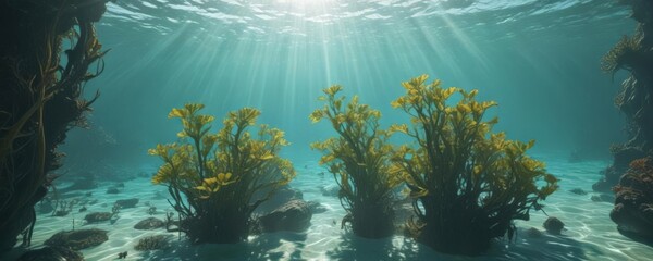 Obraz premium Ethereal kelp swaying, sunlight filters through turquoise water, seascape, swaying