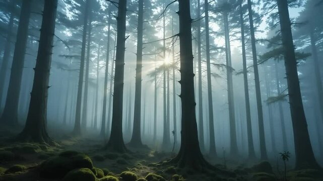 Mystical foggy forest with sunlight filtering through trees ideal for nature photography
