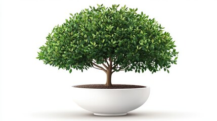 A white background serves as the setting for a textured white pot that holds a lush green plant with broad leaves