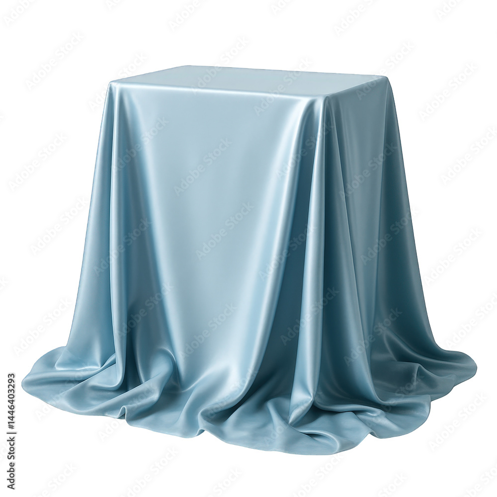 Poster glossy light blue fabric elegantly drapes over a square form, creating soft folds and flowing textur