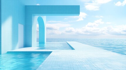 Obraz premium Flooded alleyway scene with white structures and blue patterned walls created using digital rendering techniques