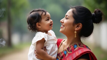 A woman holding a small child in her arms.
