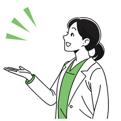 Line Art Asian Woman Doctor Presenting. Smiling Female Medical Professional Isolated