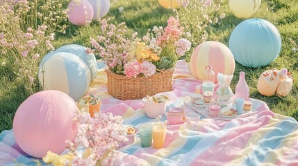 Pastel-toned picnic scene in a grassy area.