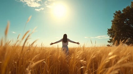A woman standing in a field of tall grass with her arms outstretched.