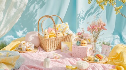 Pastel-toned picnic basket filled with treats and flowers.