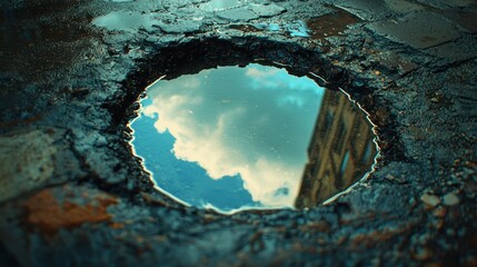 Reflection of Sky and Building in Puddle on Urban Street Surface