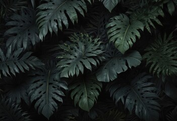 Dark, lush tropical leaves on black background  Intricate, exotic foliage pattern , graphics, design element