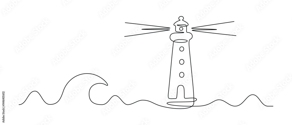 Poster lighthouse tower in one continuous line drawing. light house with beams of light shining in all dire