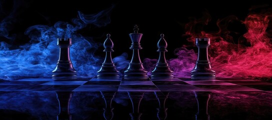 Chess pieces on board amidst blue and red smoke