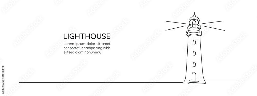Poster lighthouse tower in one continuous line drawing. light house with beams of light shining in all dire