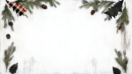 Festive winter-themed border with pine branches, cones, and decorative trees