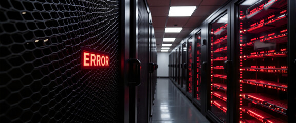Server Room with Error Message Illuminated in Red  