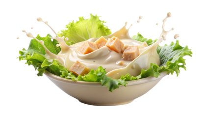 A delicious Caesar salad with croutons and creamy dressing creating a splash
