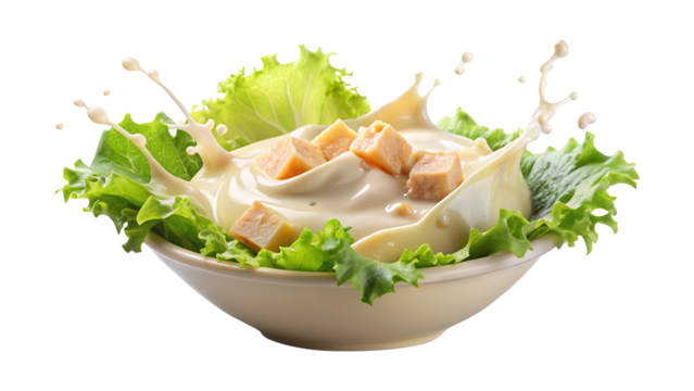 A delicious Caesar salad with croutons and creamy dressing creating a splash