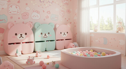 Kawaii playroom with animal-shaped toy storage and soft colors