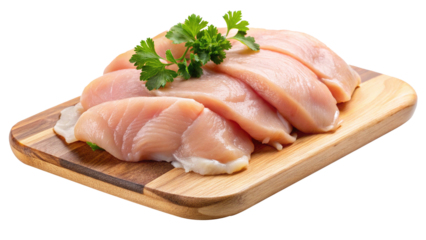 Fresh chicken breast fillets displayed on a wooden cutting board with parsley