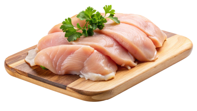 Fresh chicken breast fillets displayed on a wooden cutting board with parsley