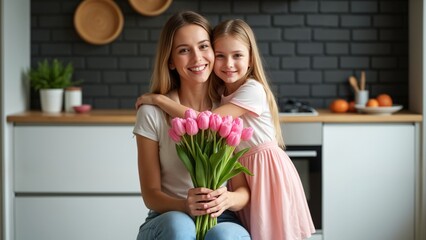 A mother and daughter hugging each other while holding a bunch of pink tulips.