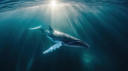 Fototapeta premium Whale swims in sunlit, blue ocean depths