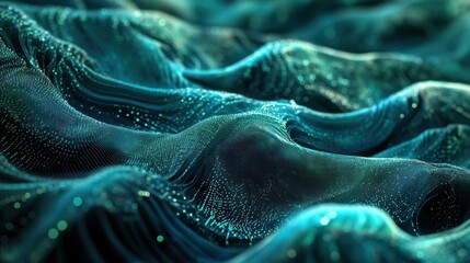 Teal, undulating digital fabric texture; glowing particles form flowing waves