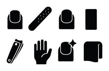 Manicure essentials solid icon set - filled style nail care, beauty tools, and hygiene symbols for salon and home use: nail polish, nail file, buffer, clippers, hand, towel.