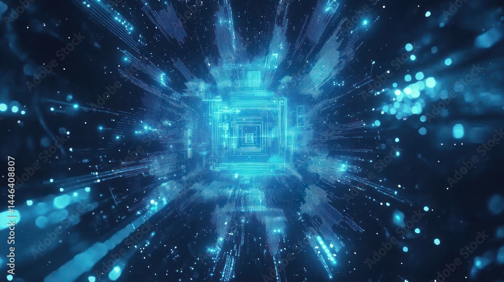 Poster glowing blue energy cube in a dark, particle-filled space, creating a sense of depth and movement