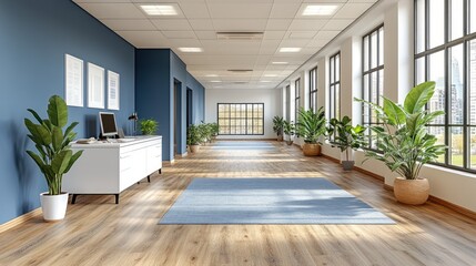 Fototapeta premium Bright office hallway with blue walls