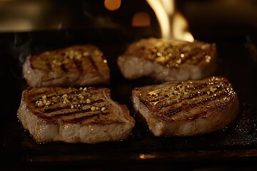 Four grilled steaks sizzling on a hot plate