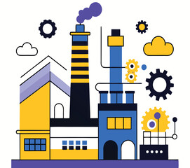 Fototapeta premium Colorful factory buildings rise amidst gears and clouds against a white background