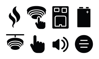 Home safety and security icons set - solid style alert, protection, and monitoring symbols: smoke detector, alarm button, smart lock, battery backup, speaker, menu.
