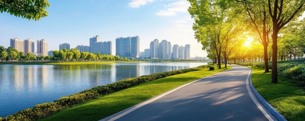 Scenic paved path beside a lake with city skyline and lush greenery under sunny skies