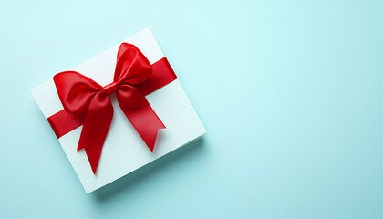 Blank gift card with red bow on light blue background, top view. Space for text