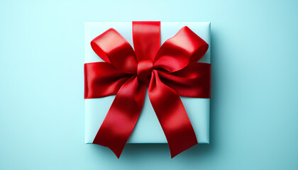 Blank gift card with red bow on light blue background, top view. Space for text
