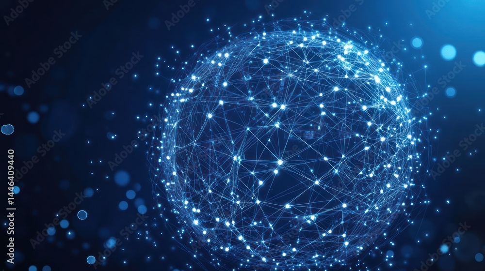 Poster a glowing sphere of interconnected nodes and lines, representing a global network against a dark blu