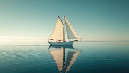 Obraz premium Classic sailboat glides serenely on calm ocean waters, reflecting its beauty