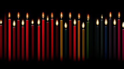 A set of vibrant colorful tall candles, each brightly lit against a stark black background, creating a striking visual display.