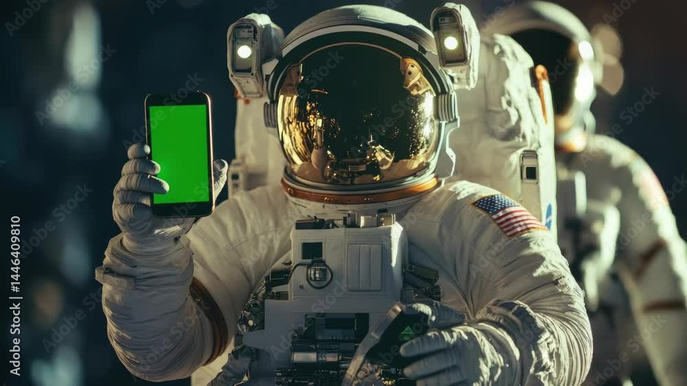 Poster astronaut holds phone on spacewalk, possible scene from sci-fi movie or documentary