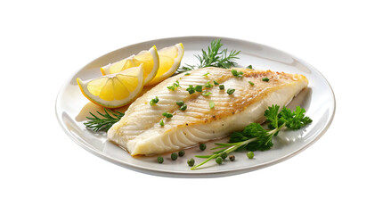 Perfectly seared transparent fish fillet presented with lemon wedges and garnish