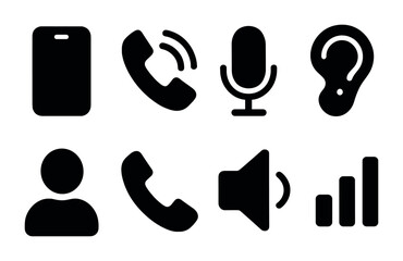 Obraz premium Communication and audio icons set – solid style, high-quality symbols for media projects: id badge, phone call, microphone, ear, user, speaker, volume, signal.