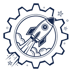 Line Art of Rocket Launching in Gear, Stars, Clouds, Monochrome, Blue Outline