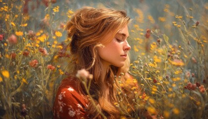 Serene woman embracing wildflowers nature portrait tranquil close-up