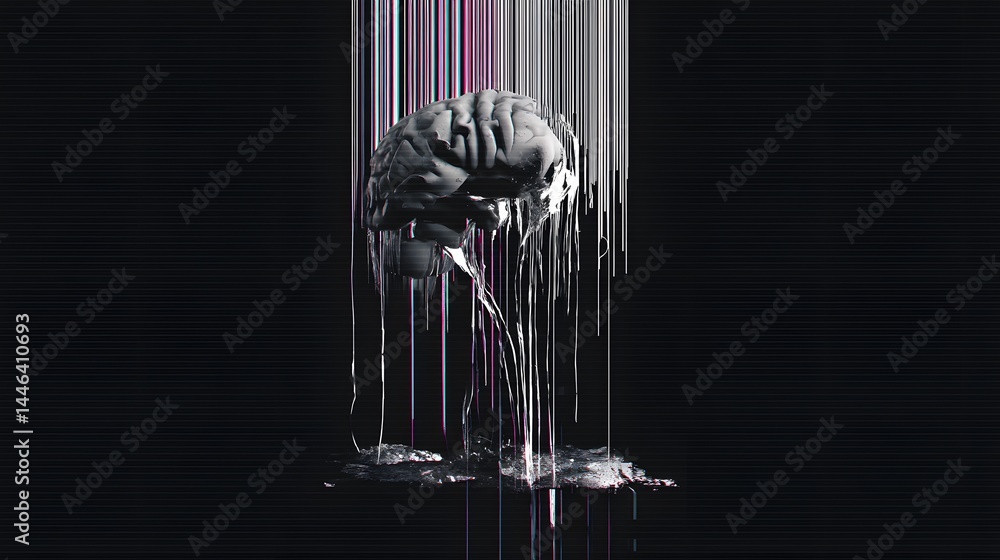 Poster brain with cascading glitch effects against a dark backdrop. neural networks and data streams merge 