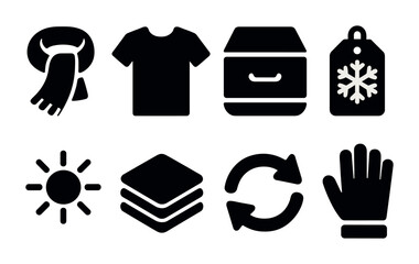Winter clothing and laundry solid icons – filled style fashion, apparel, and care symbols for cold weather: scarf, t-shirt, box, tag, sun, layers, recycle, glove.