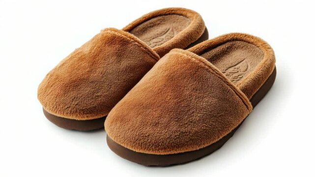 A pair of brown slippers placed on a clean white surface, ideal for use in still life photography or product displays