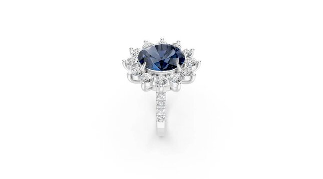 Elegant 3D render of the Lady Diana ring rotating to showcase the blue sapphire and diamonds from all sides. Perfect for jewelry showcase or product visualization.