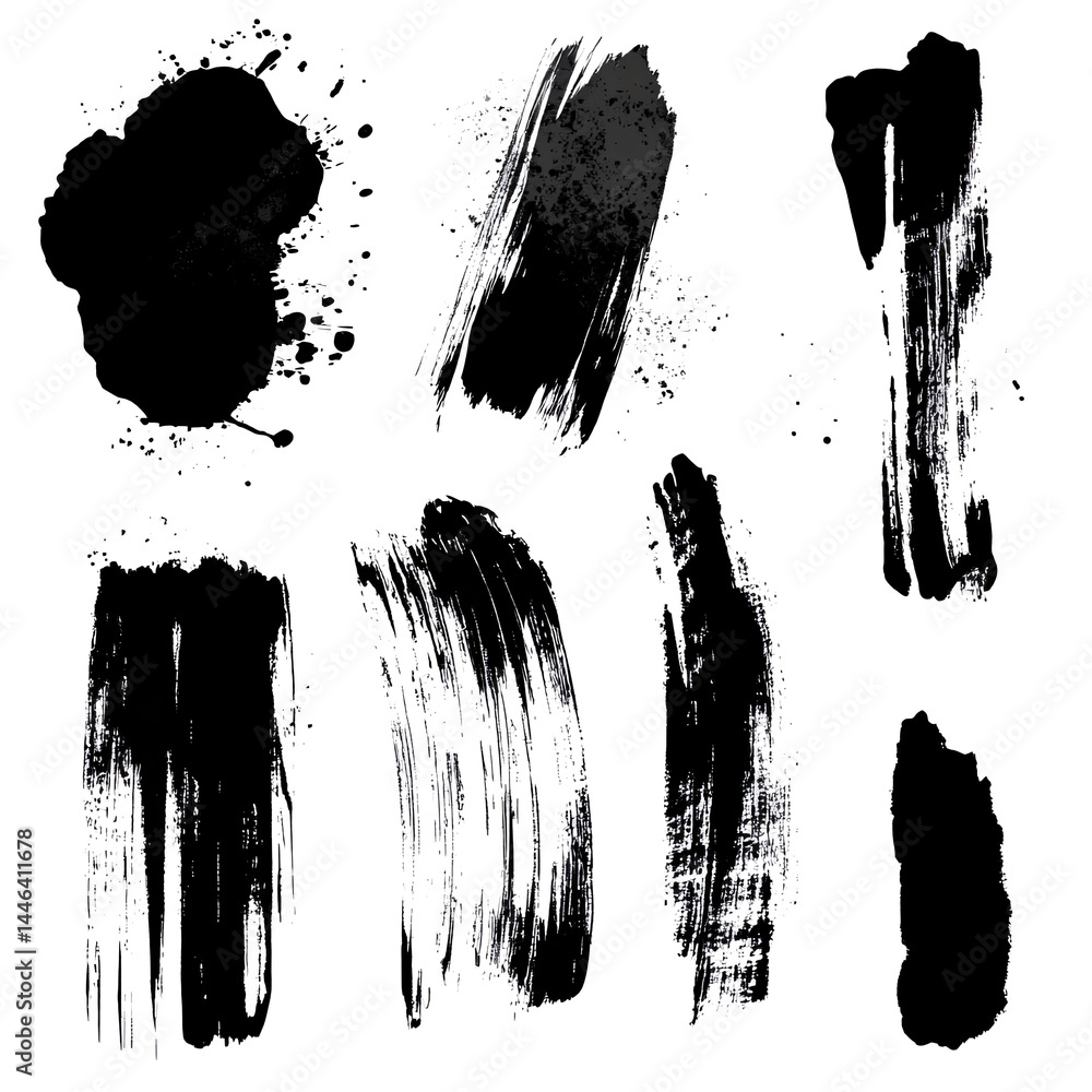 Poster set of several different black ink or paint strokes on transparent background. grunge style. abstrac